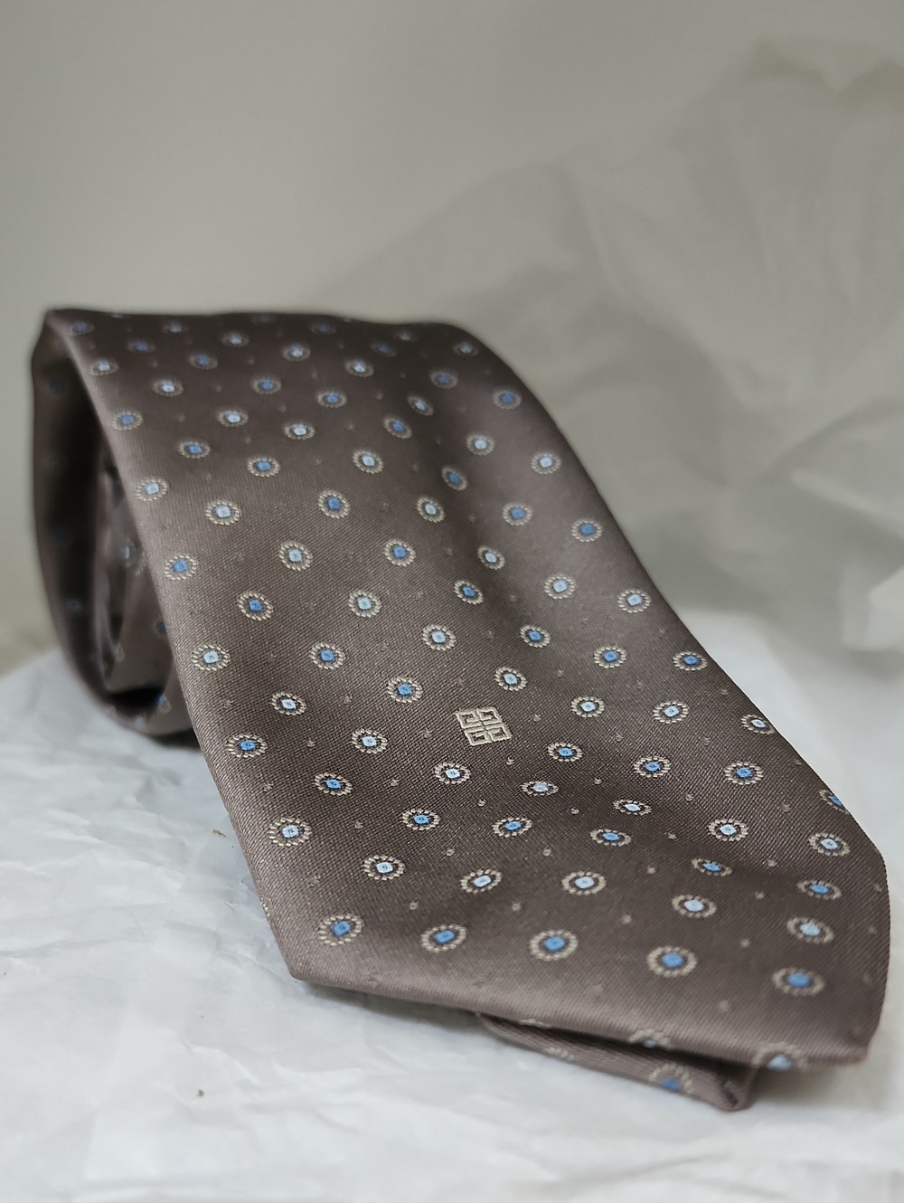 Givenchy Men's Brown‎ Silk Tie with Blue Medallion Pattern